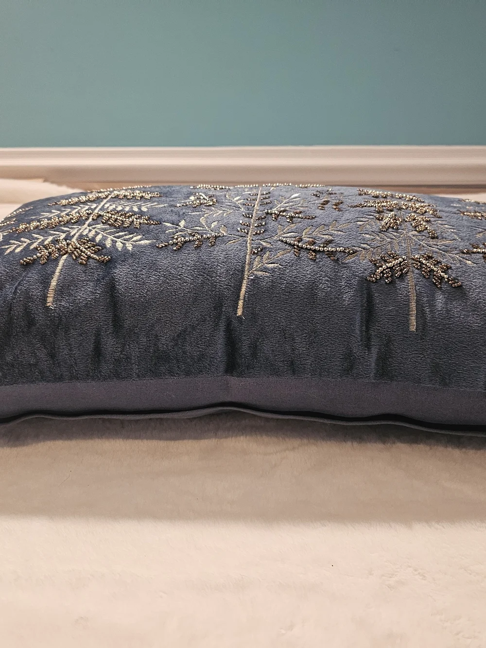 34th & Pine Blue Velvet Lumbar Pillow with Metallic Embroidered Trees